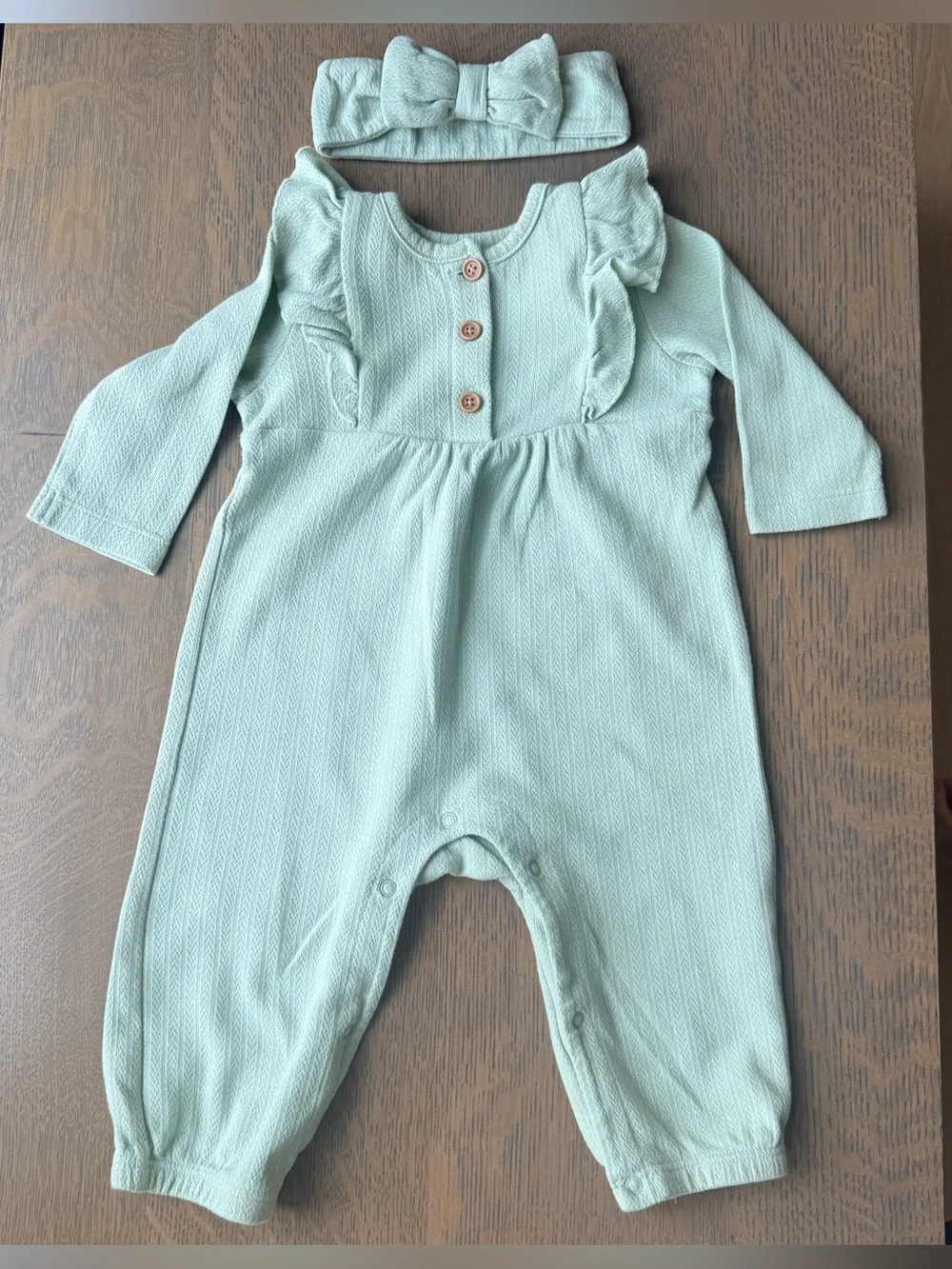 Little Me Soft Sage Ruffled Baby One-Piece with Headband - 9 Months